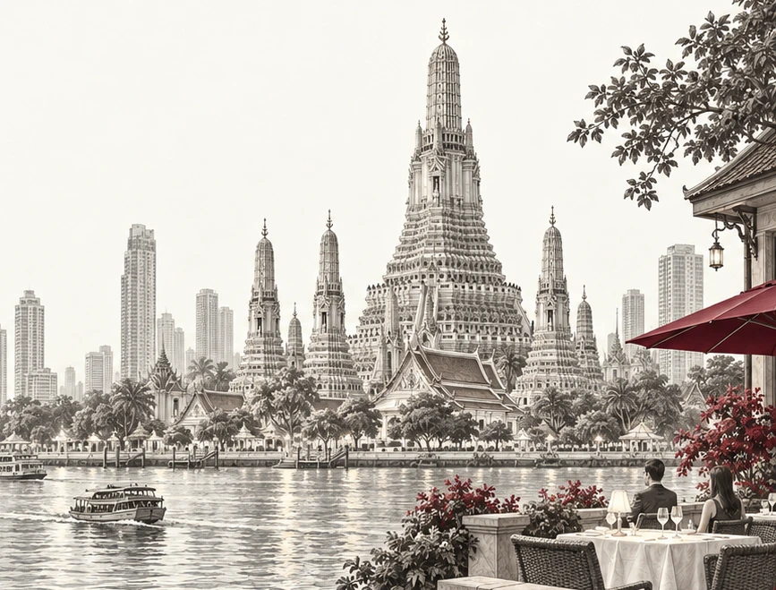 Bangkok riverfront, temple and skyline sketch, with a small business dinner scene.