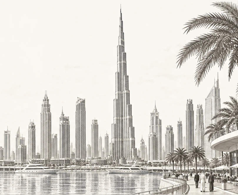 Dubai skyline led by the Burj Khalifa, with small distant figures.