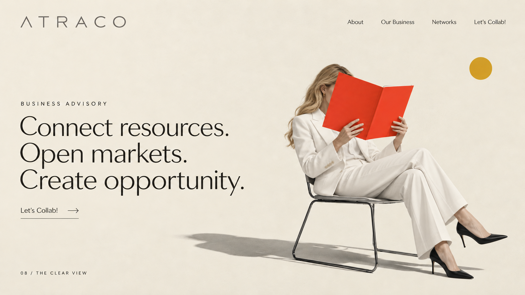ATRACO editorial cover: a blonde woman in a white suit, reading a red book