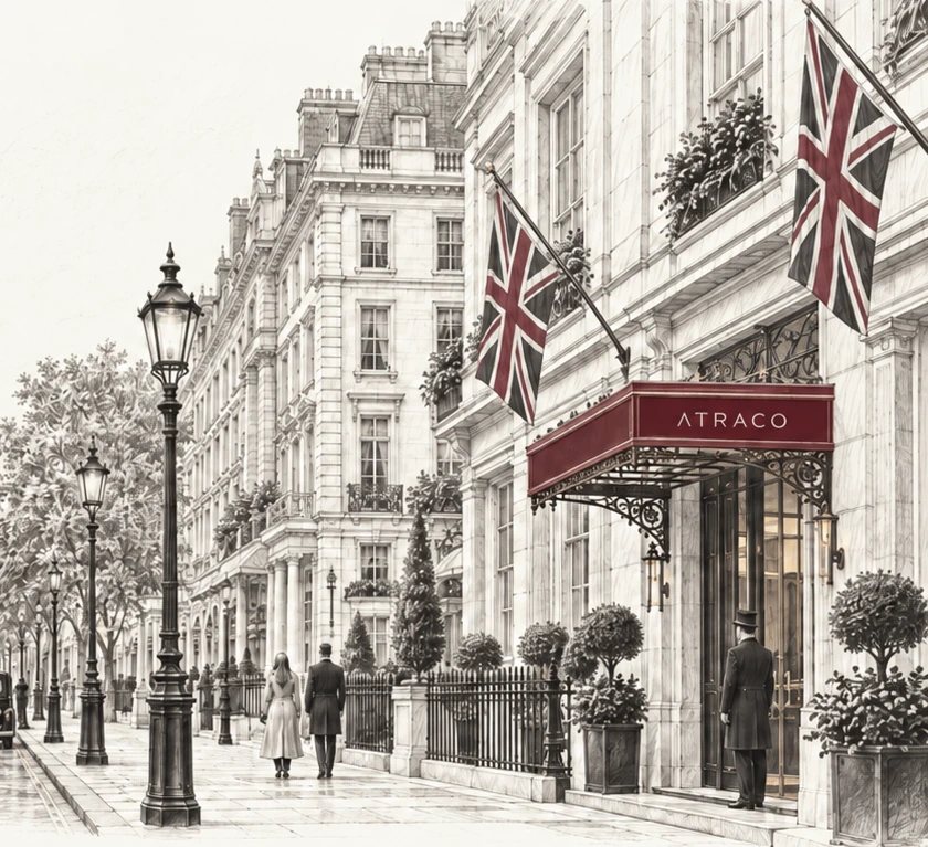 London streetscape with small figures and a conceptual maroon ATRACO canopy.